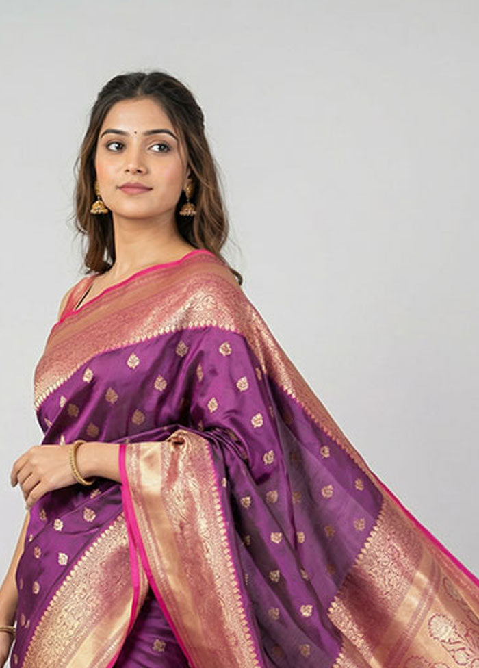 Purple Handloom Katan Pure Silk Saree With Blouse Piece