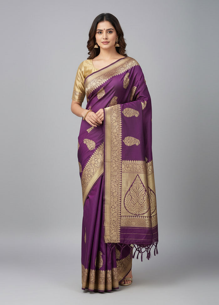 Purple Handloom Katan Pure Silk Saree With Blouse Piece