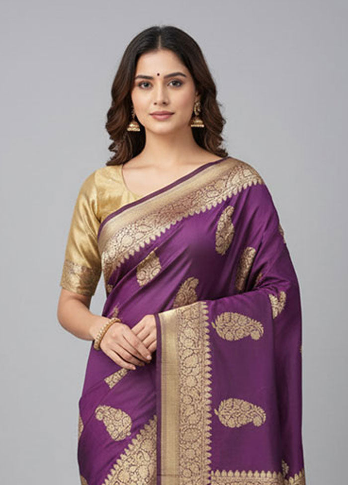 Purple Handloom Katan Pure Silk Saree With Blouse Piece