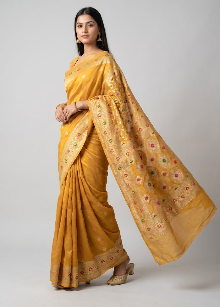 Yellow Handloom Pure Georgette Saree With Blouse Piece