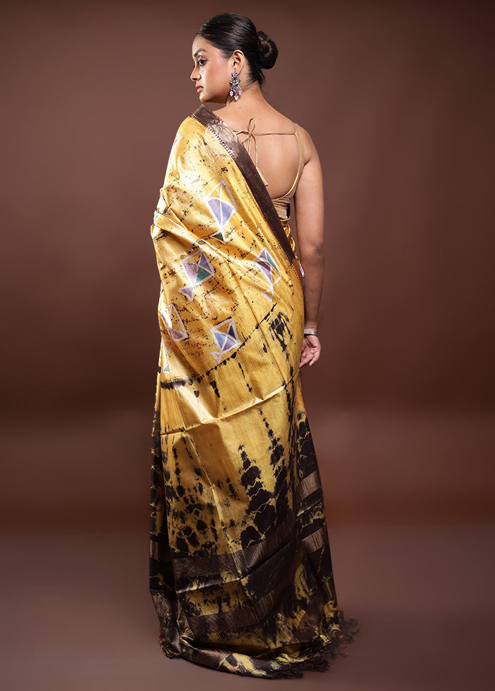 Yellow Handloom Tussar Pure Silk Saree With Blouse Piece