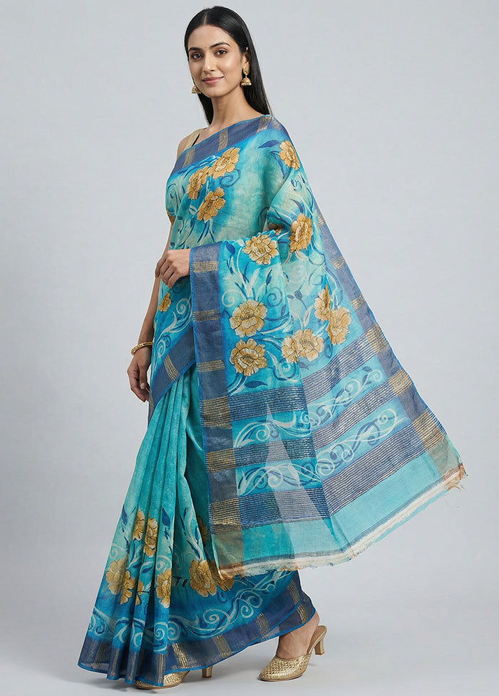 Blue Handloom Tussar Pure Silk Saree With Blouse Piece