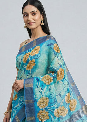Blue Handloom Tussar Pure Silk Saree With Blouse Piece