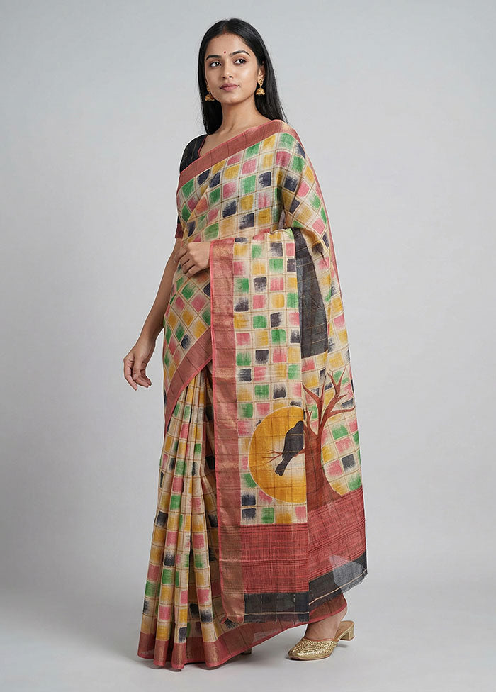 Cream Handloom Tussar Pure Silk Saree With Blouse Piece
