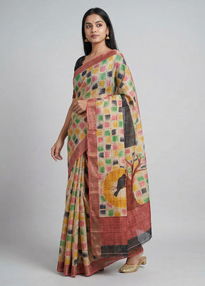 Cream Handloom Tussar Pure Silk Saree With Blouse Piece