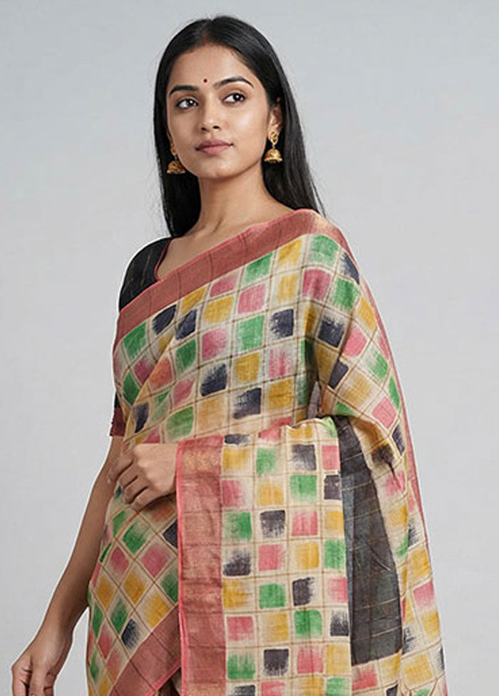 Cream Handloom Tussar Pure Silk Saree With Blouse Piece