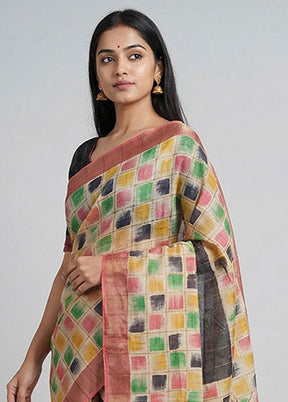 Cream Handloom Tussar Pure Silk Saree With Blouse Piece