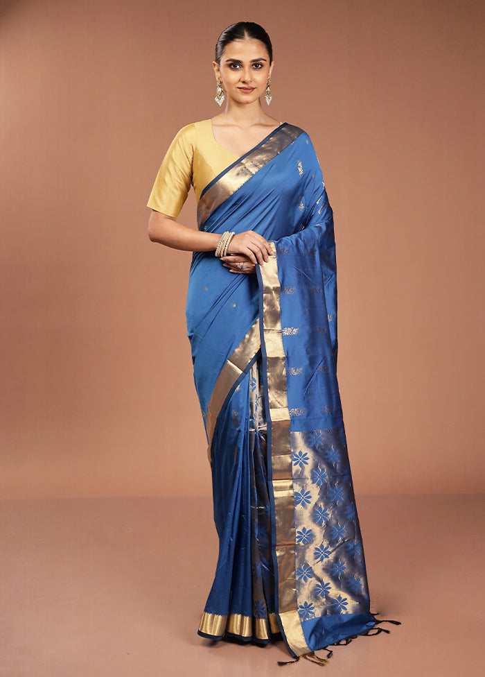 Blue Kanjivaram Silk Saree With Blouse Piece