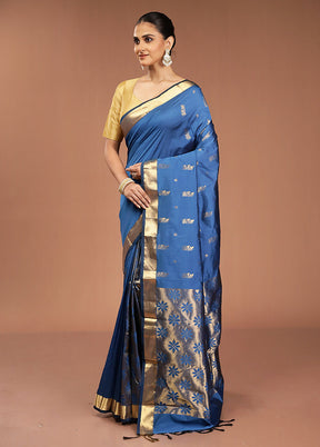 Blue Kanjivaram Silk Saree With Blouse Piece