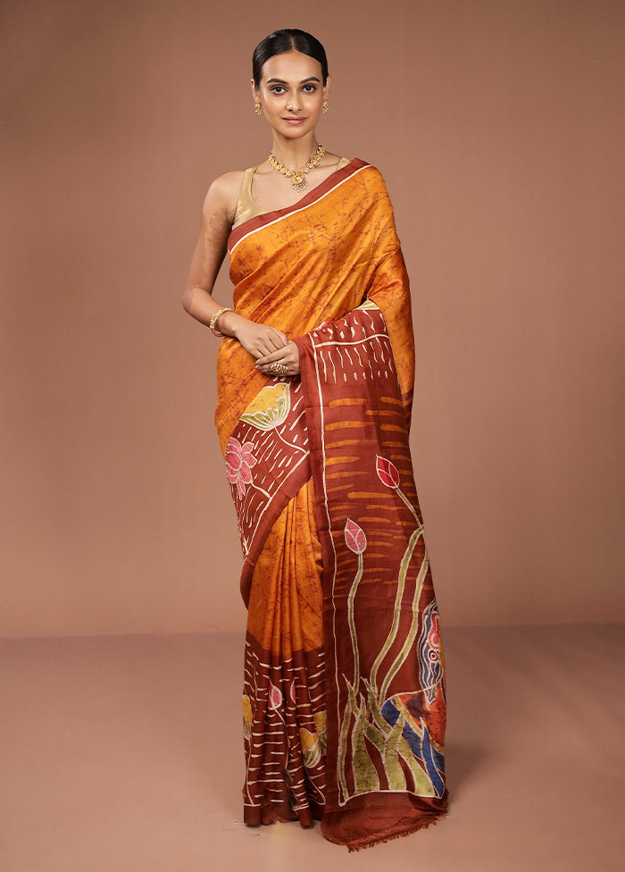 Yellow Printed Pure Silk Saree Without Blouse Piece