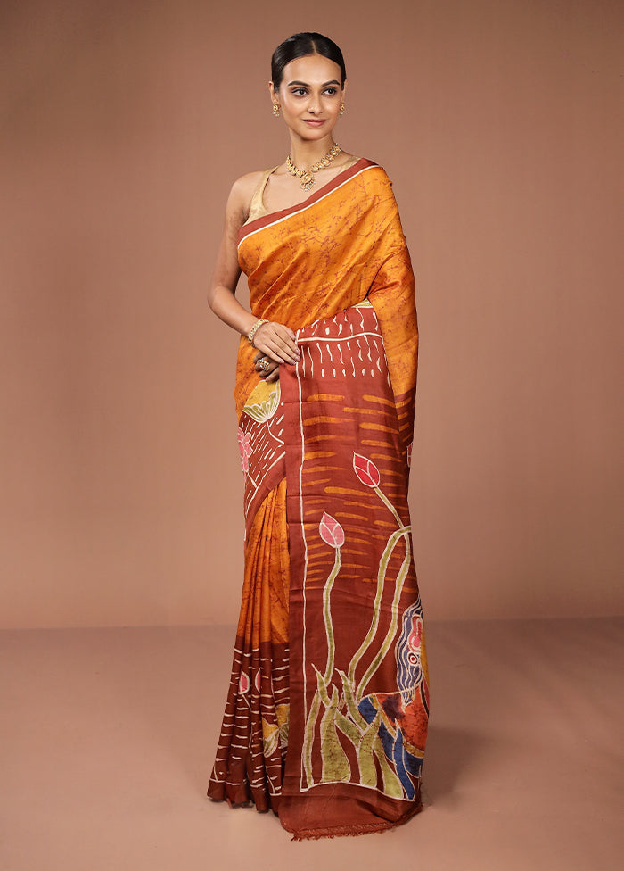 Yellow Printed Pure Silk Saree Without Blouse Piece