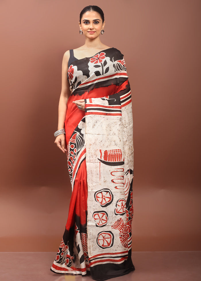 Red Printed Pure Silk Saree Without Blouse Piece