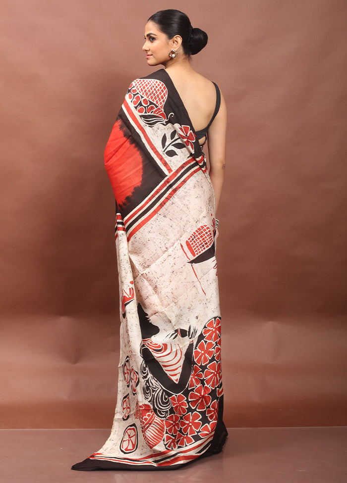 Red Printed Pure Silk Saree Without Blouse Piece