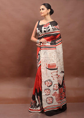 Red Printed Pure Silk Saree Without Blouse Piece