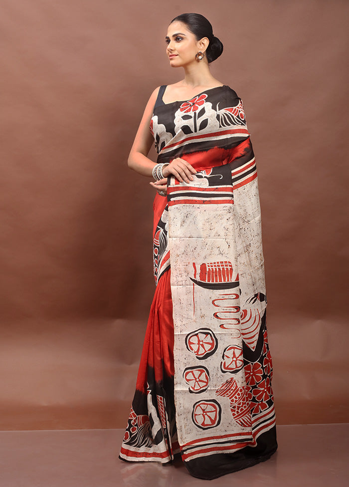 Red Printed Pure Silk Saree Without Blouse Piece