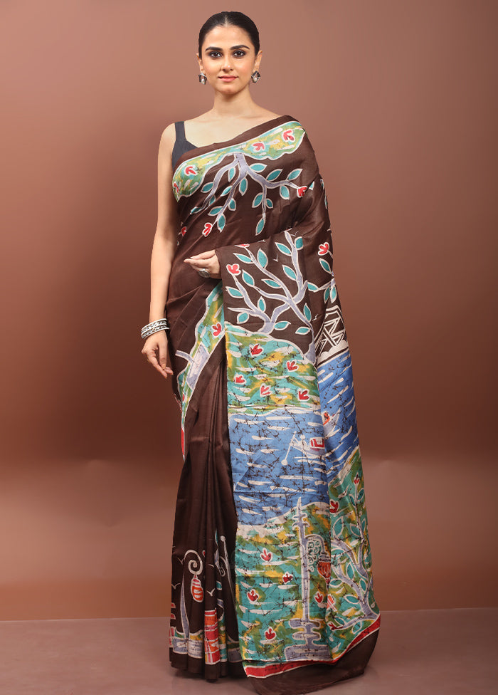 Brown Printed Pure Silk Saree Without Blouse Piece