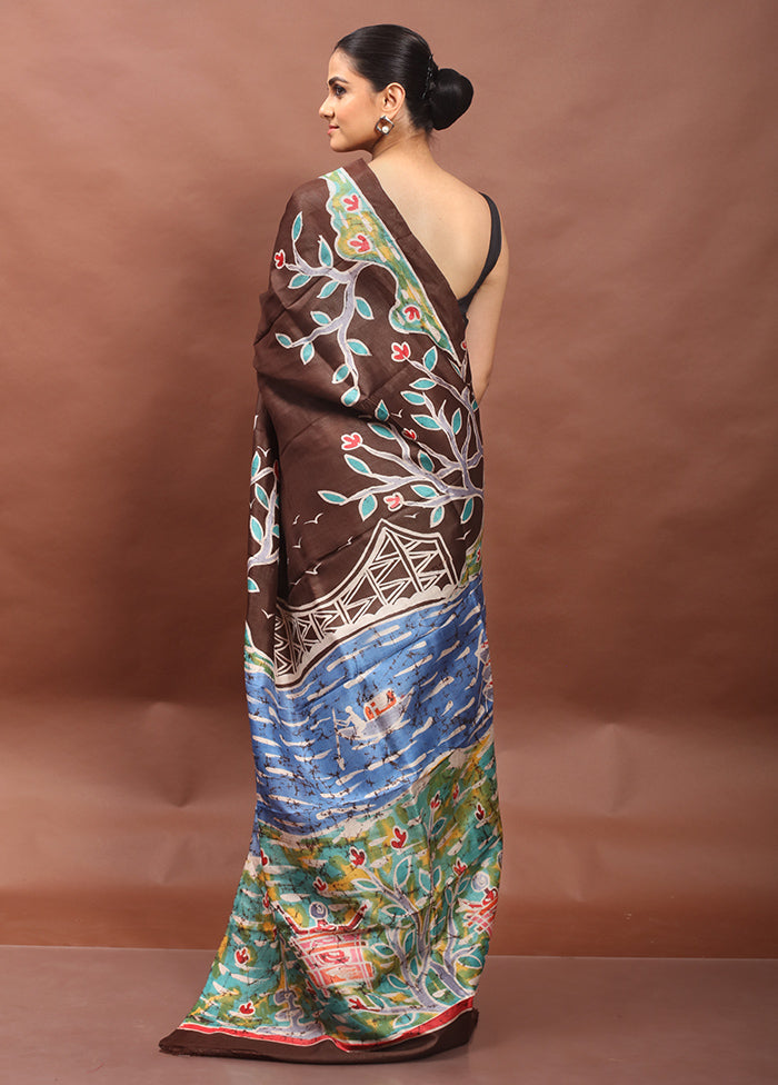 Brown Printed Pure Silk Saree Without Blouse Piece