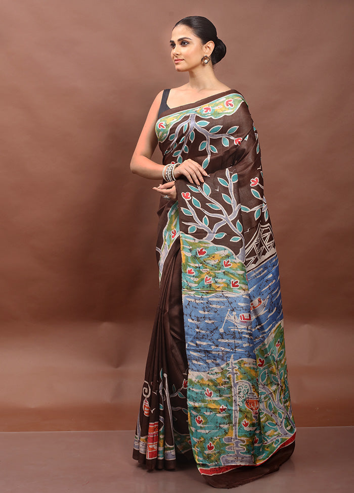 Brown Printed Pure Silk Saree Without Blouse Piece