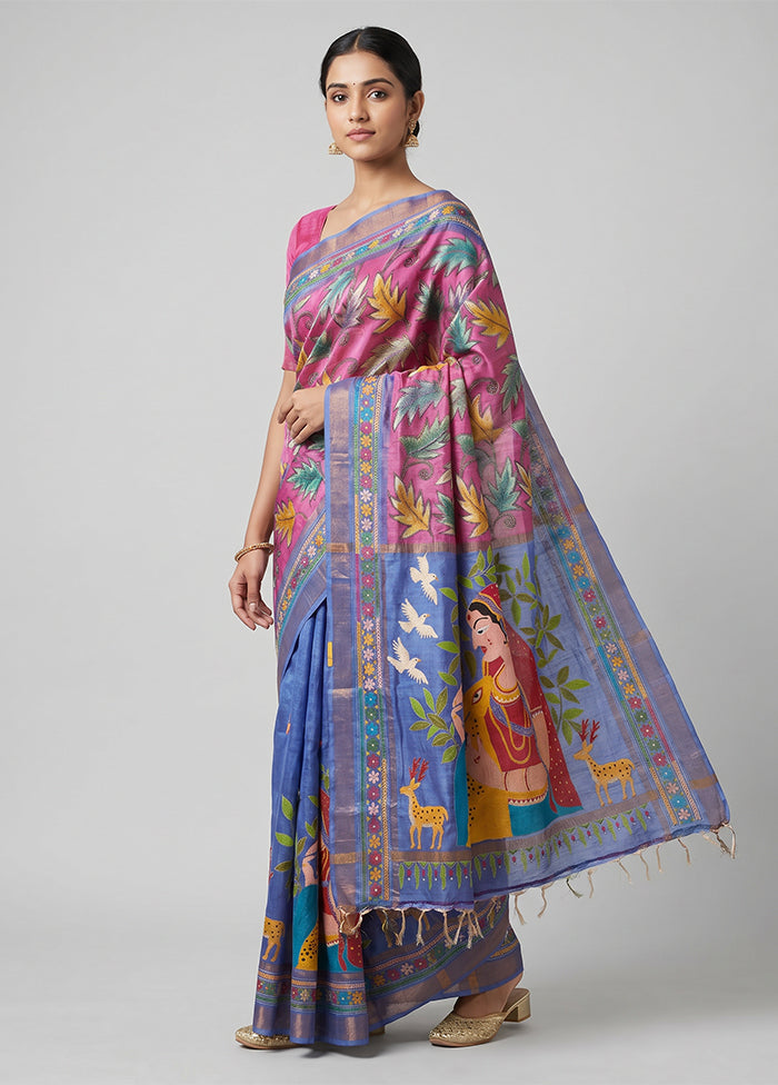 Blue Handloom Kantha Stitch Pure Silk Saree With Blouse Piece