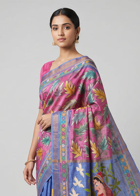 Blue Handloom Kantha Stitch Pure Silk Saree With Blouse Piece