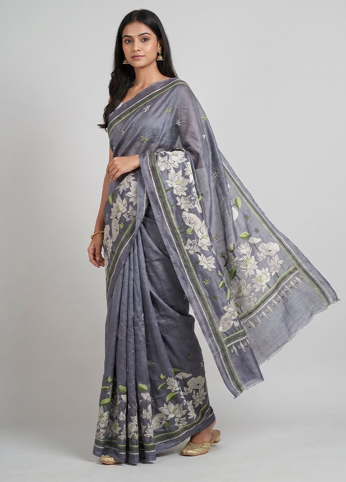 Grey Handloom Kantha Stitch Pure Silk Saree With Blouse Piece