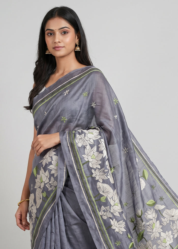 Grey Handloom Kantha Stitch Pure Silk Saree With Blouse Piece