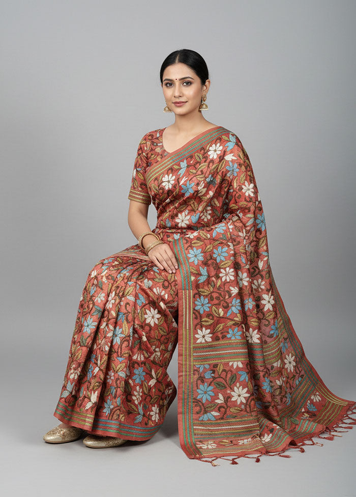 Grey Handloom Kantha Stitch Pure Silk Saree With Blouse Piece