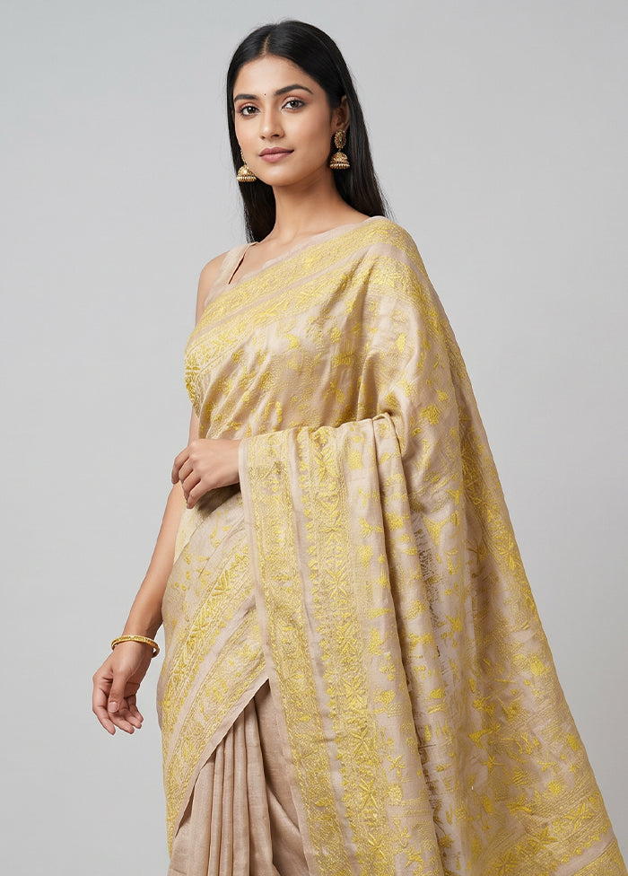 Cream Handloom Kantha Stitch Pure Silk Saree With Blouse Piece