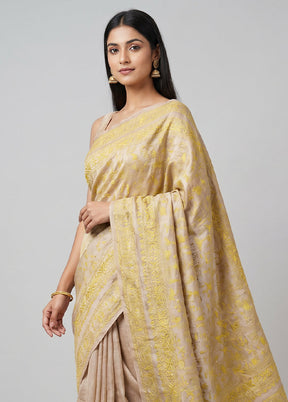 Cream Handloom Kantha Stitch Pure Silk Saree With Blouse Piece