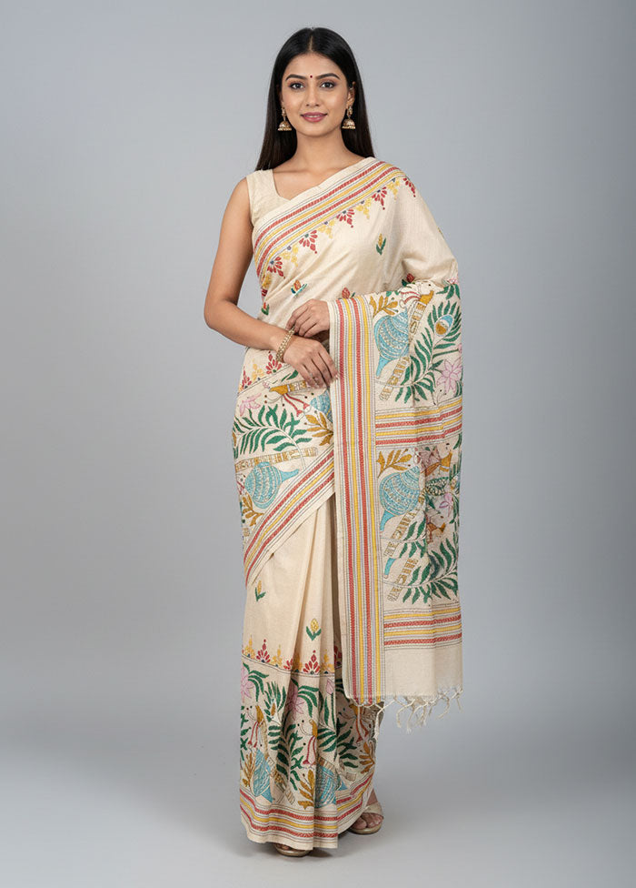 Cream Handloom Kantha Stitch Pure Silk Saree With Blouse Piece