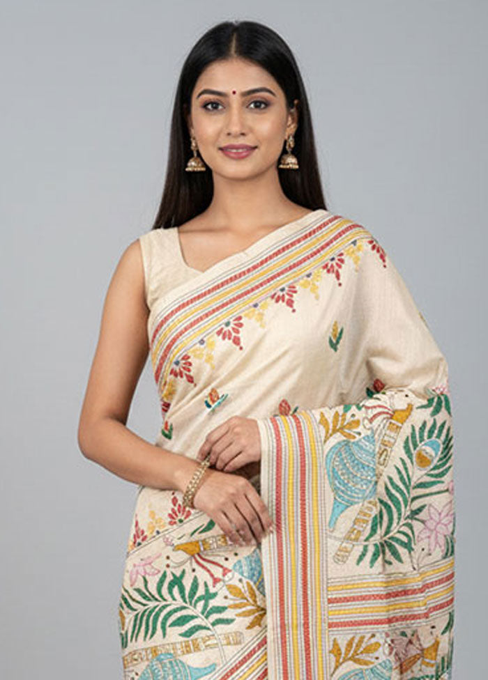 Cream Handloom Kantha Stitch Pure Silk Saree With Blouse Piece