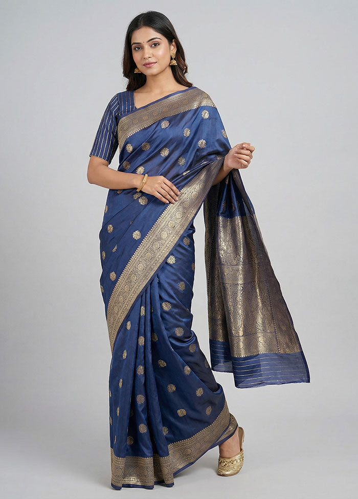 Blue Handloom Banarasi Pure Silk Saree With Blouse Piece