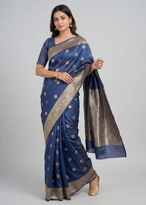 Blue Handloom Banarasi Pure Silk Saree With Blouse Piece
