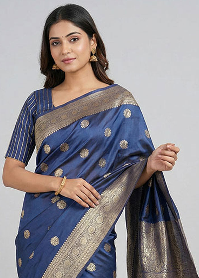 Blue Handloom Banarasi Pure Silk Saree With Blouse Piece