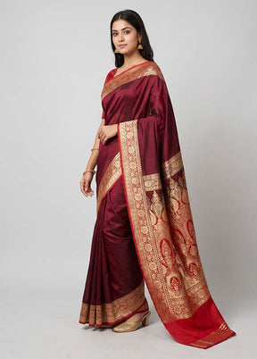 Maroon Banarasi Silk Saree With Blouse Piece