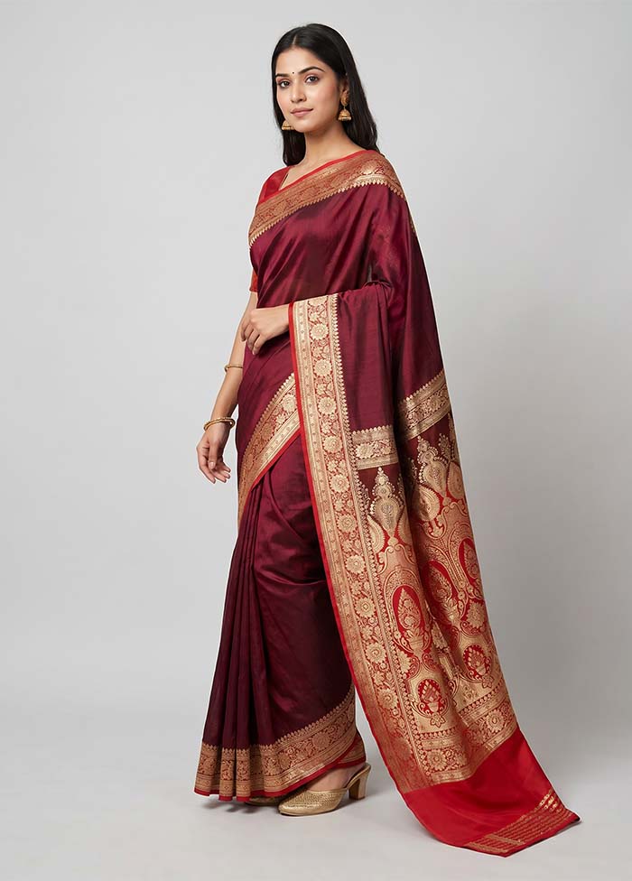 Maroon Banarasi Silk Saree With Blouse Piece