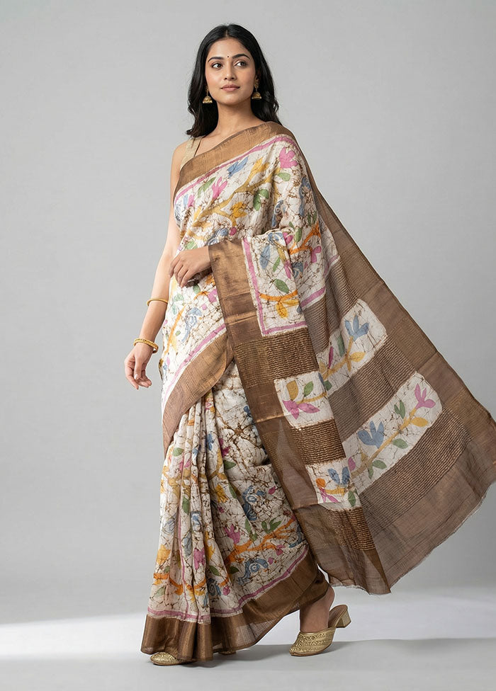 Multicolor Handloom Tussar Pure Silk Saree With Blouse Piece
