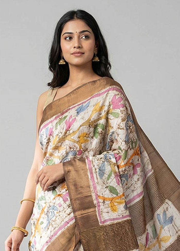 Multicolor Handloom Tussar Pure Silk Saree With Blouse Piece