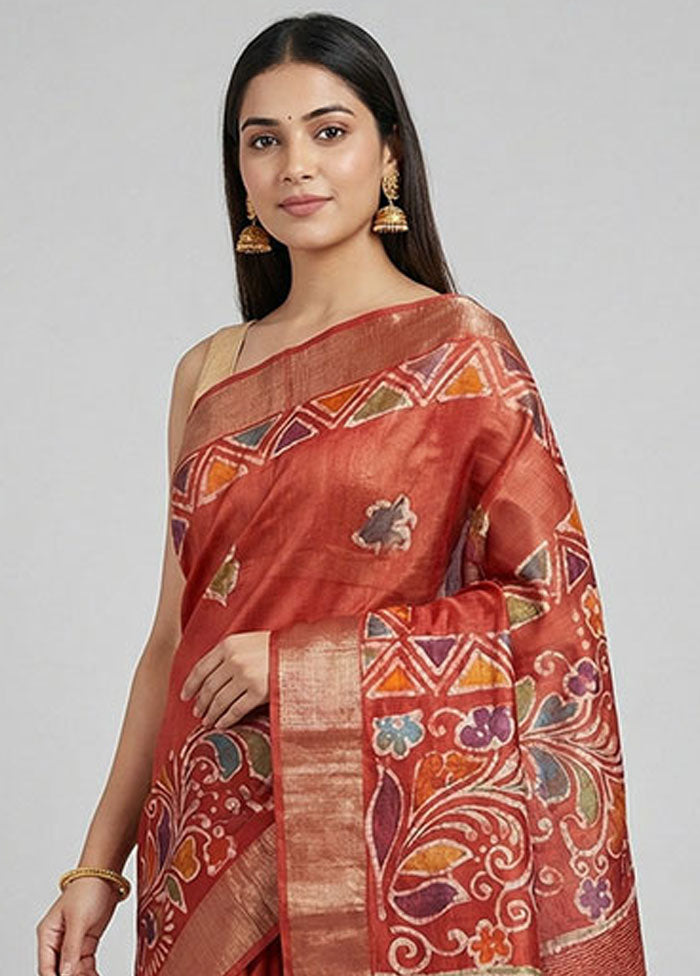 Maroon Handloom Tussar Pure Silk Saree With Blouse Piece
