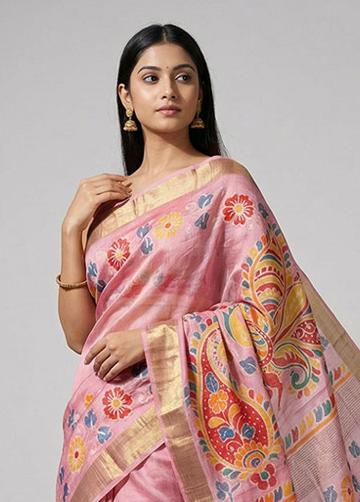 Multicolor Handloom Tussar Pure Silk Saree With Blouse Piece