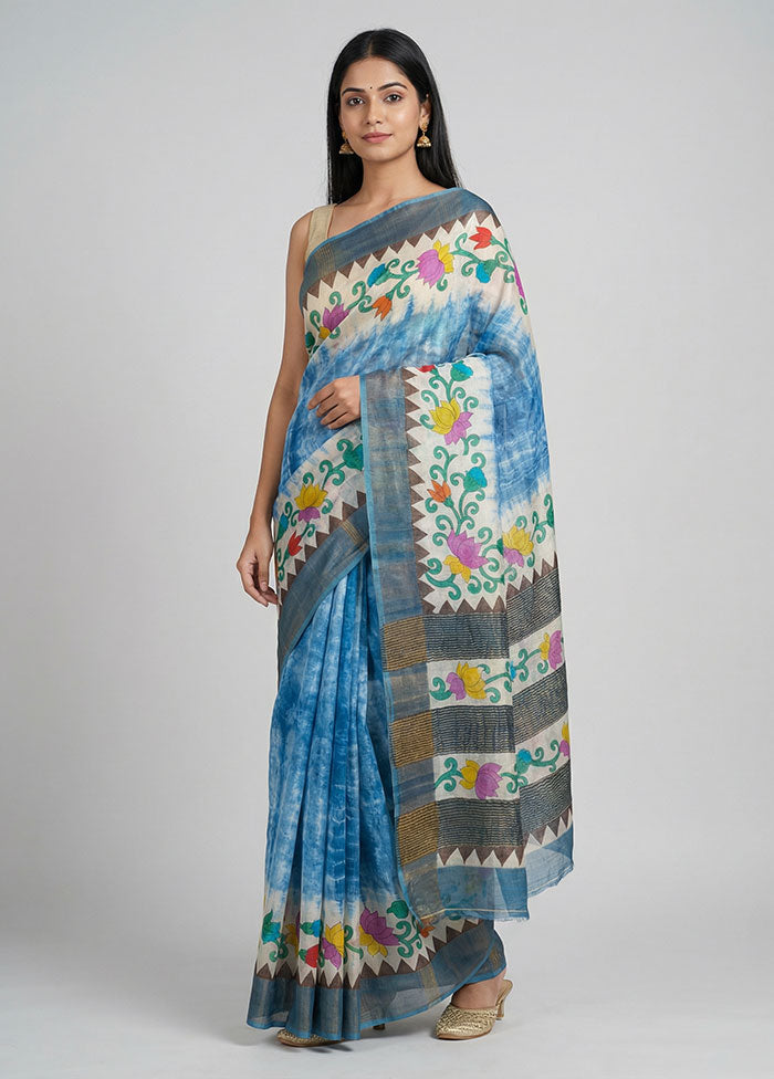 Blue Handloom Tussar Pure Silk Saree With Blouse Piece