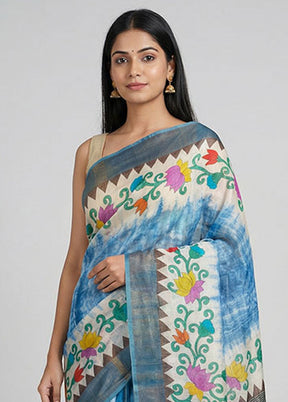 Blue Handloom Tussar Pure Silk Saree With Blouse Piece