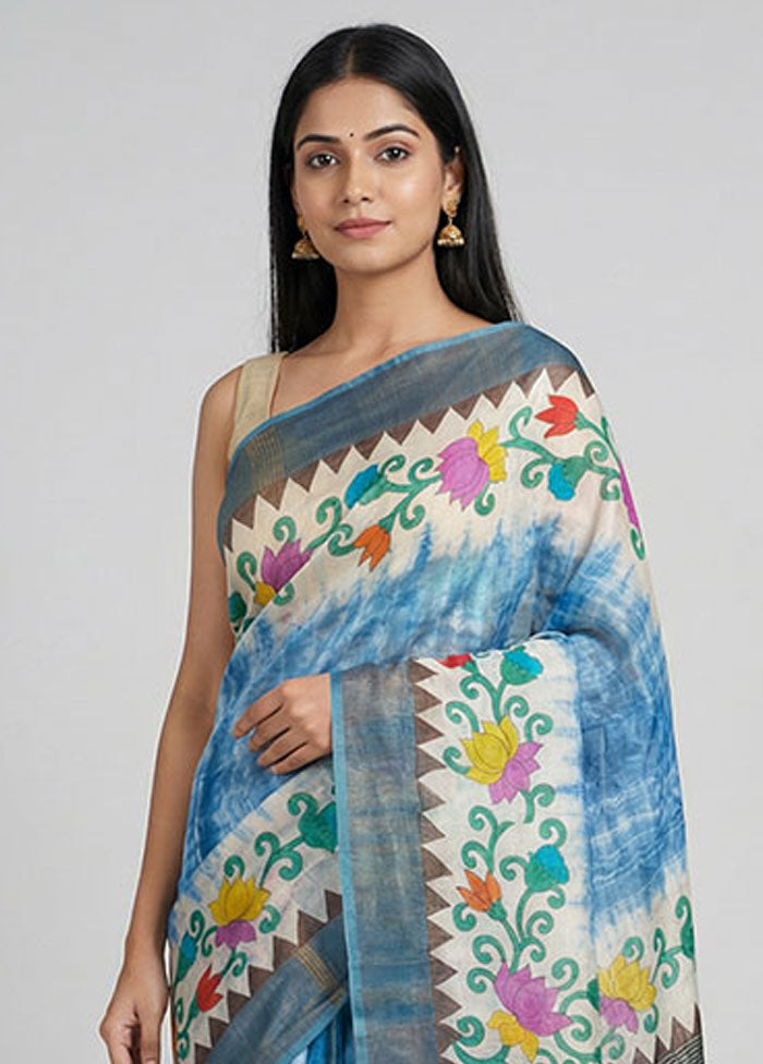 Blue Handloom Tussar Pure Silk Saree With Blouse Piece