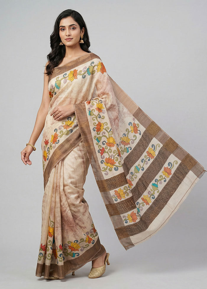 Cream Handloom Tussar Pure Silk Saree With Blouse Piece