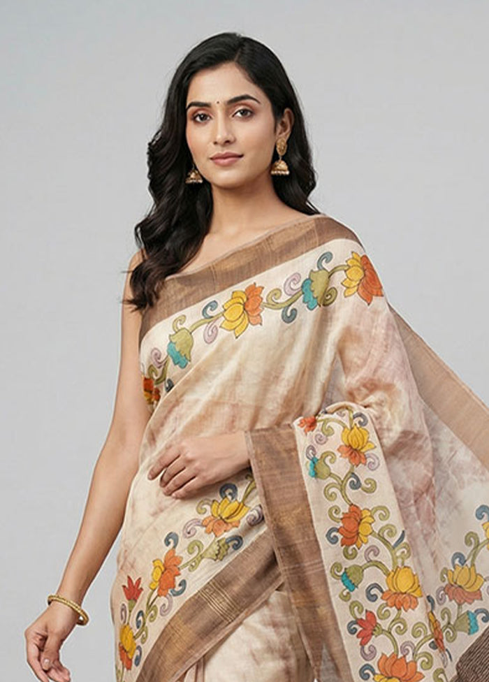 Cream Handloom Tussar Pure Silk Saree With Blouse Piece
