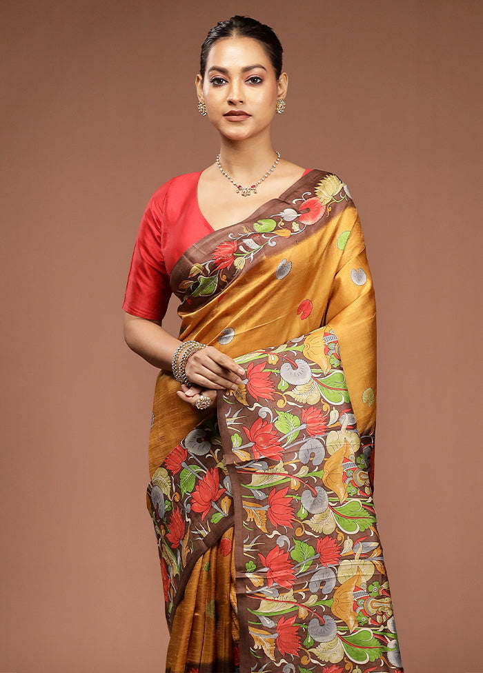 Brown Printed Pure Silk Saree Without Blouse Piece