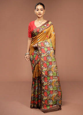 Brown Printed Pure Silk Saree Without Blouse Piece