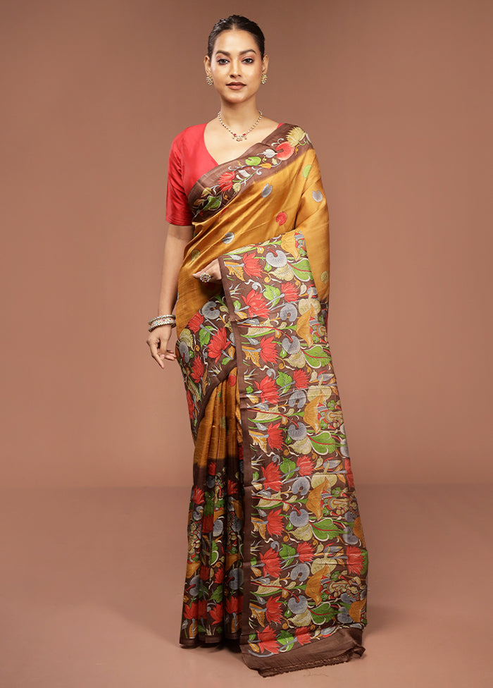 Brown Printed Pure Silk Saree Without Blouse Piece