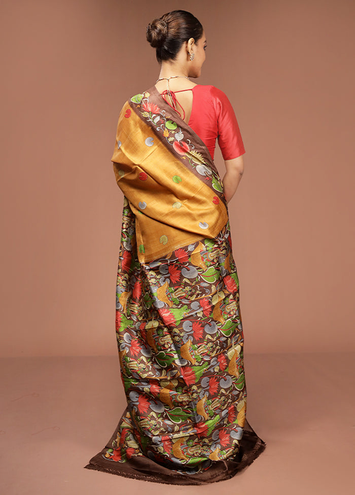 Brown Printed Pure Silk Saree Without Blouse Piece