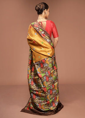 Brown Printed Pure Silk Saree Without Blouse Piece